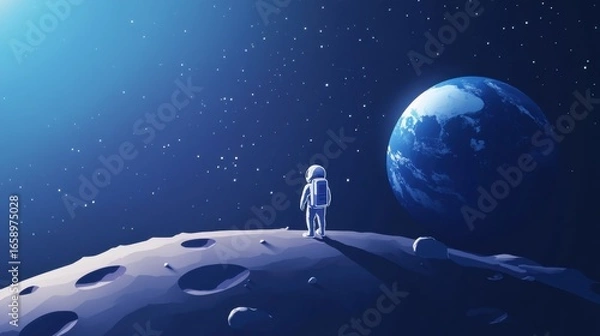 Fototapeta Astronaut Standing on Moon Surface Gazing at Earth in Cosmic Space