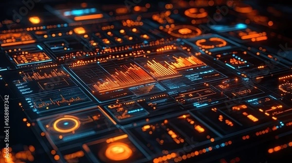 Obraz Futuristic Technology Interface with Glowing Data Visualizations and Complex Systems