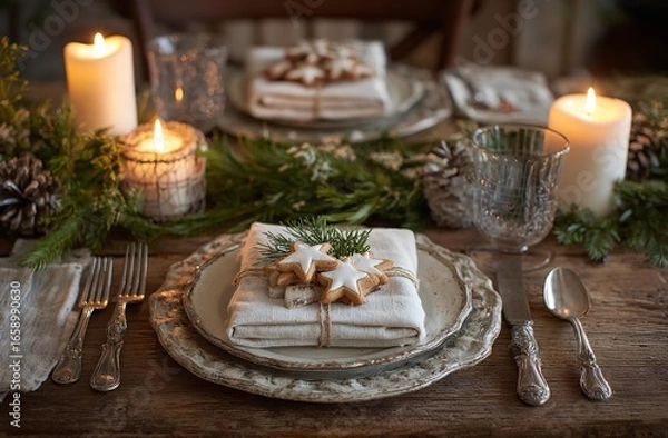 Fototapeta Festive Christmas table setting with star-shaped cookie, wrapped napkins, pinecones, holly berries, and candlelight on rustic wooden tabletop