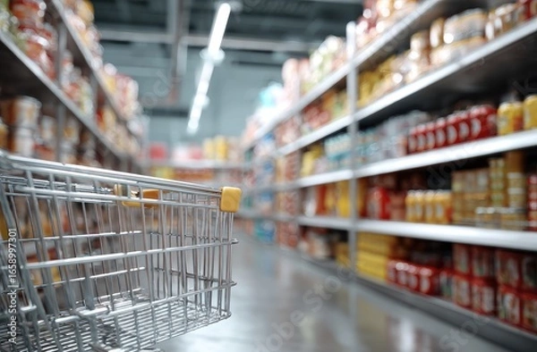 Fototapeta Supermarket aisle with shopping cart (3)