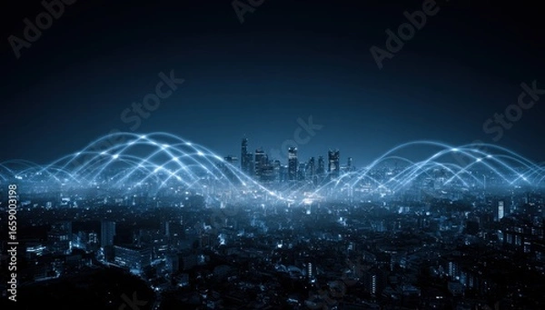 Fototapeta Futuristic digital wave pattern with glowing blue lines and particles over a dark background