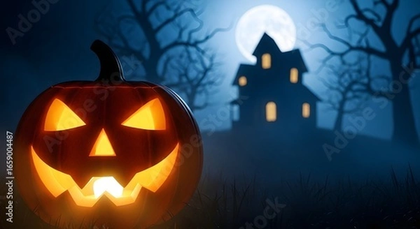Fototapeta Glowing jack o lantern with a spooky house and full moon in the background on a dark night
