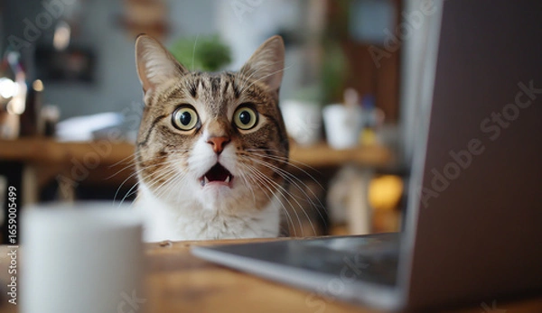 Fototapeta Surprised tabby cat with wide eyes looking at a laptop screen in a home office