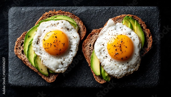Fototapeta Two delicious avocado toast slices topped with fried eggs and seasoning on a dark stone surface