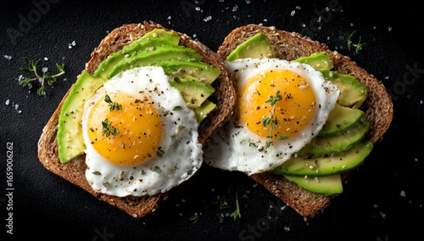 Fototapeta Two slices of whole grain toast topped with sliced avocado and fried eggs seasoned with herbs