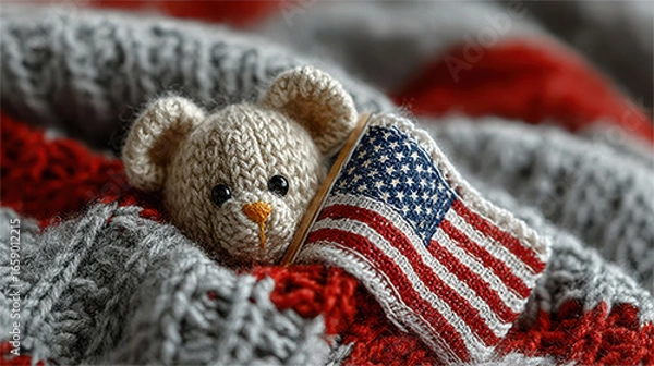 Fototapeta Knitted Teddy Bear with an American Flag