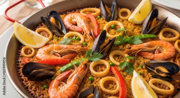 Fototapeta Close up of a paella dish filled with seafood and rice garnished with lemon wedges and parsley sprigs