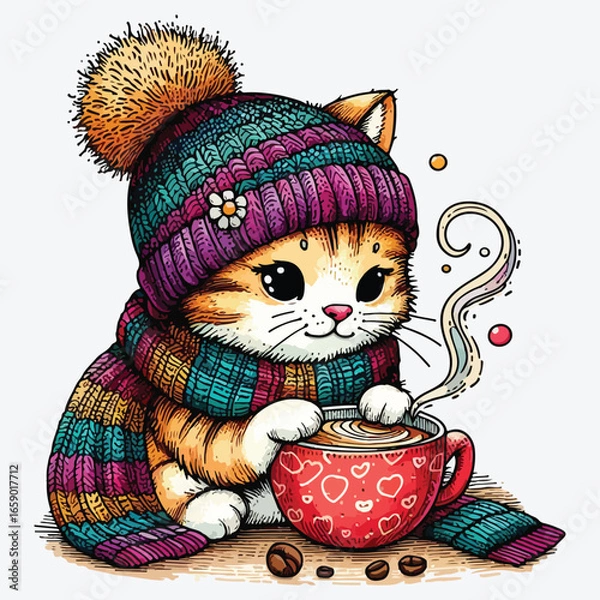 Fototapeta Cute cartoon hand drawn card with cat in knitted hat and scarf, drinking coffee, vector lustration stock illustration