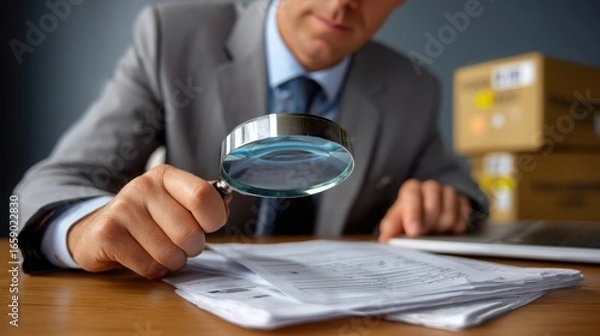 Obraz Professional examining documents with a magnifying glass.