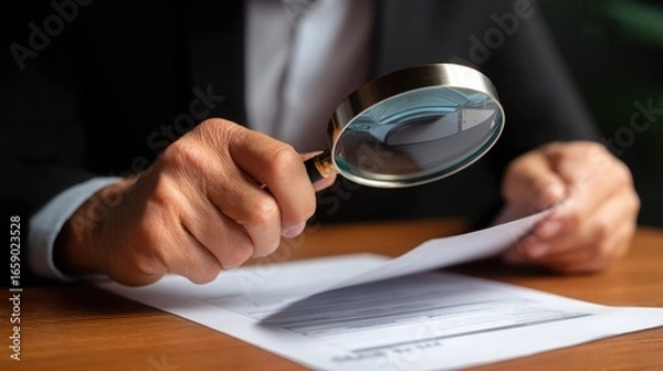 Obraz Examining documents with a magnifying glass in hand.
