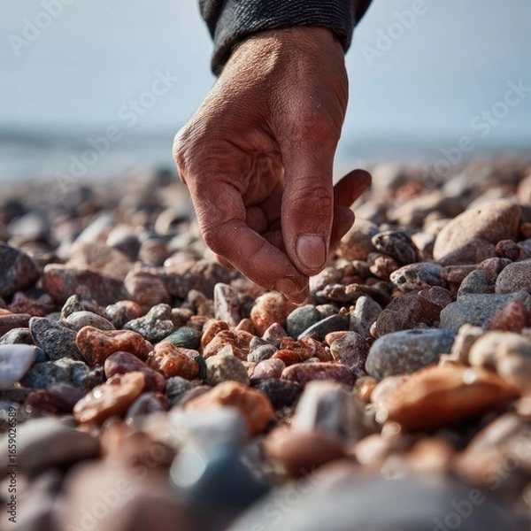 Fototapeta A hand gently picking up small pebbles from the beach 