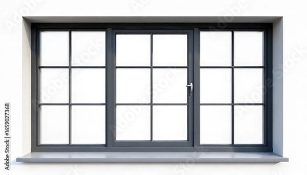 Fototapeta A gray framed window with a grid pattern and a window sill against a white wall in a well lit room