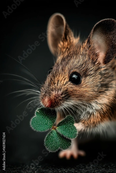 Fototapeta Lucky Mouse with a Four-Leaf Clover