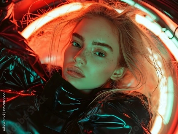 Fototapeta blond haired woman with leather with futuristic look, fair skin and pose in studio.