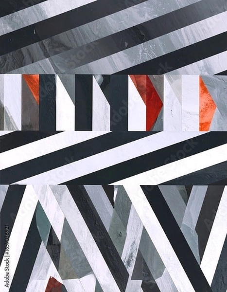Obraz Abstract geometric pattern with overlapping shapes and stripes in grayscale and shades of red