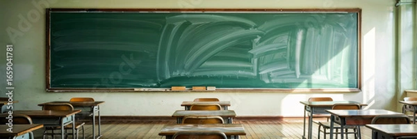 Fototapeta School desks with notebooks in an empty classroom and free space on the board, concept of education, banner