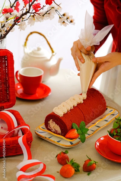 Obraz still life roll cake in red and white concept