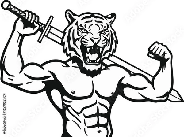 Fototapeta A muscular tiger-headed figure brandishing a sword, flexing its arm with aggression.