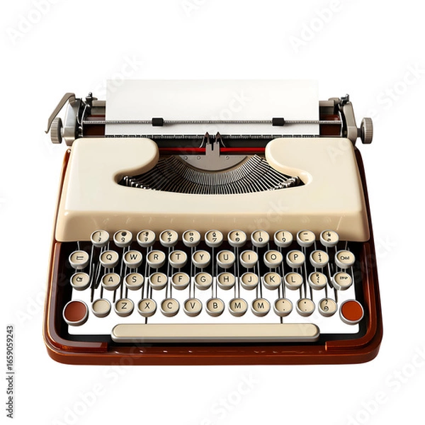Fototapeta A classic vintage manual typewriter with a blank paper sheet, isolated on a white background. Retro equipment for writing and journalism.