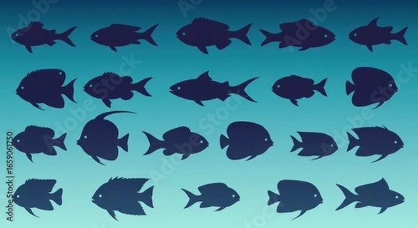 Fototapeta A Silent Parade of Diverse Fish Silhouettes Across a Deep Blue Gradient Sea.