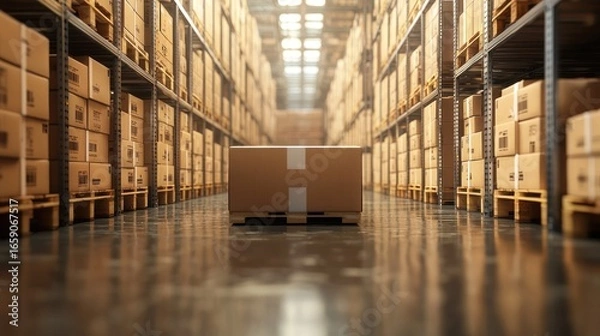 Fototapeta A cardboard box on a wooden floor in a warehouse with rows of shelves filled with cardboard boxes.