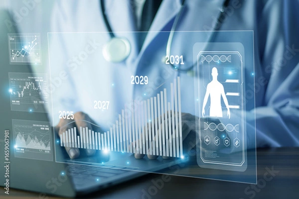 Fototapeta Doctors apply AI and Artificial intelligence for digital health analysis, optimizing medical data and improving patient care outcomes