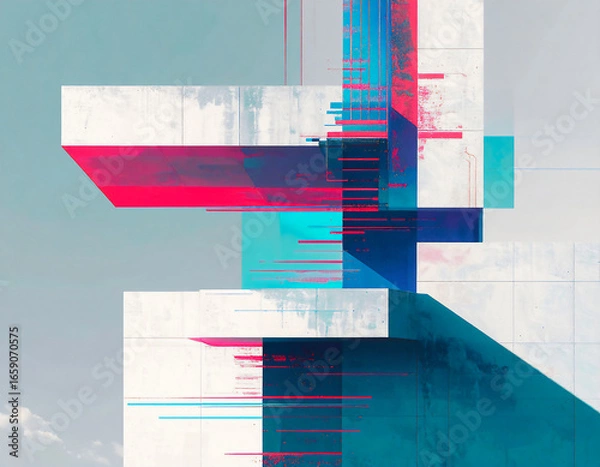 Fototapeta 配線図のような都市構造。線の一部が切断され、そこからカラフルなノイズが静かに漏れ出し、空間全体に干渉していくグリッチ化した都市ネットワーク