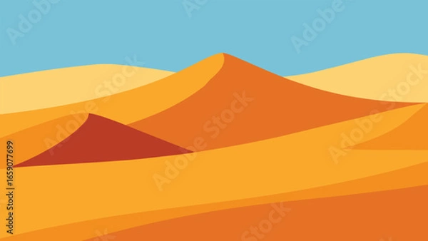 Fototapeta An illustration of a vast desert landscape under a clear blue sky, featuring sandy dunes and sparse vegetation.