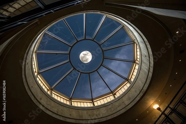Fototapeta Stunning Worm's Eye View of a Large Circular Skylight at Night with a Full Moon
