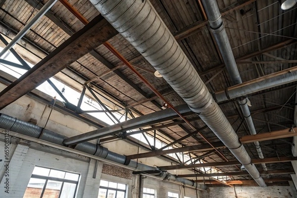 Fototapeta Worm's Eye View of a Complex Industrial Building's Ceiling Structure with Pipes and Beams