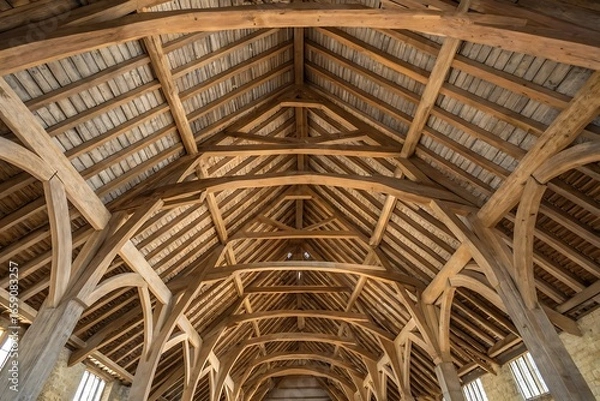 Fototapeta Intricate Wooden Roof Structure, Complex Joinery, Architectural Detail, Historic Building Interior