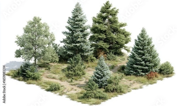 Fototapeta Isometric view of a small grove of various coniferous and deciduous trees