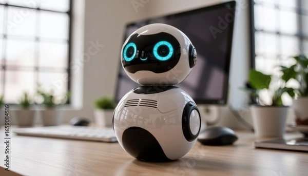 Fototapeta Futuristic White Robot Office Desk Bright Workspace