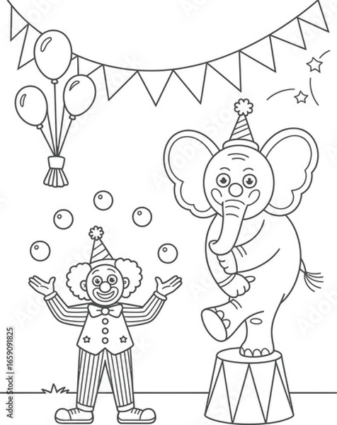 Fototapeta Circus clown juggling with elephant on a pedestal balloons