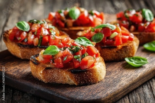 Fototapeta Delicious Bruschetta with Fresh Tomato Topping and Basil on Wooden Board