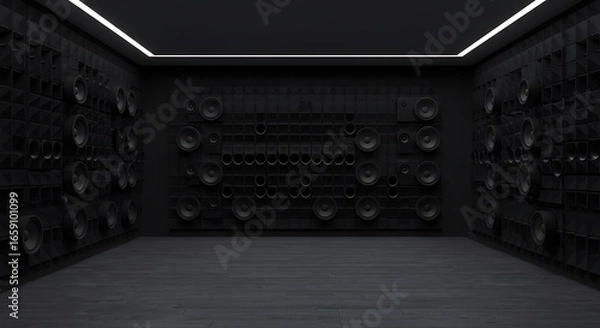Fototapeta Empty room with A fully covered wall with black sound speakers, showcasing an immersive experience in sound technology, audio systems, and acoustic design for superior audio quality.