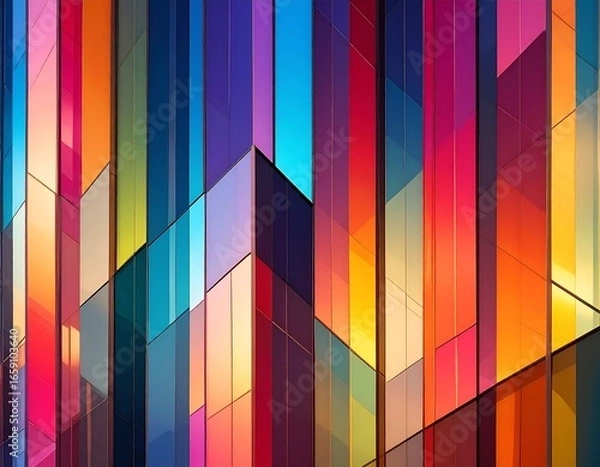 Fototapeta Vibrant Geometric Facade with Colorful Vertical and Diagonal Panels.