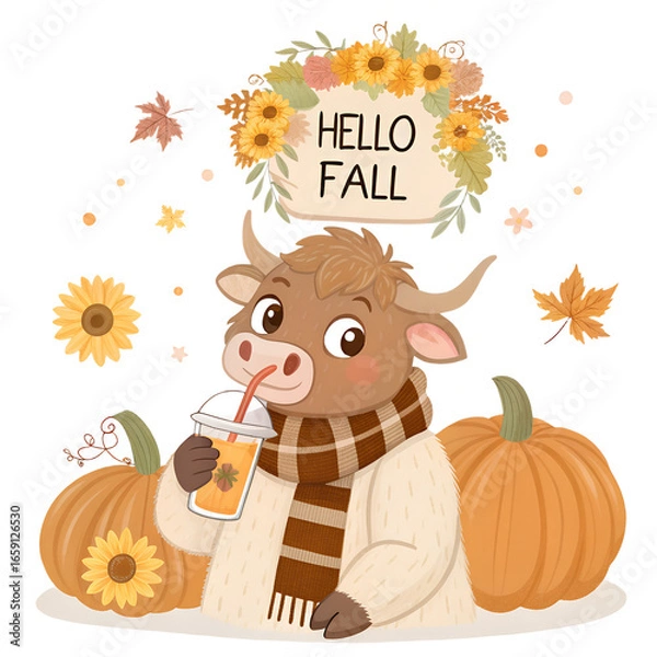 Fototapeta A soft brown Highland cow in a cozy cream-colored sweater and plaid scarf sips a pumpkin spice latte through a striped straw, surrounded by pumpkins, golden maple leaves, and a vintage “Hello Fall” 