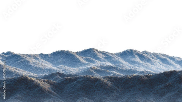 Fototapeta Low Poly Mountain Range Silhouette with Blue Hue on Transparent Background for Compositing