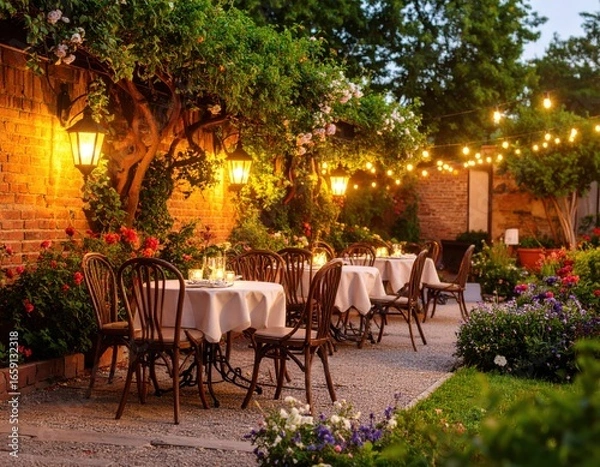 Fototapeta Classic outdoor café concept with vintage chairs, elegant tables, warm lanterns, brick walls, lush greenery, timeless charm, cozy ambiance, inviting atmosphere.