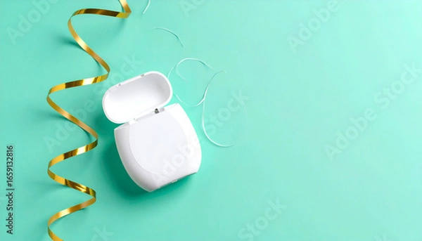 Fototapeta Open dental floss container on a soft mint background, adorned with a golden ribbon, offering ample clean copy space for health and hygiene messages