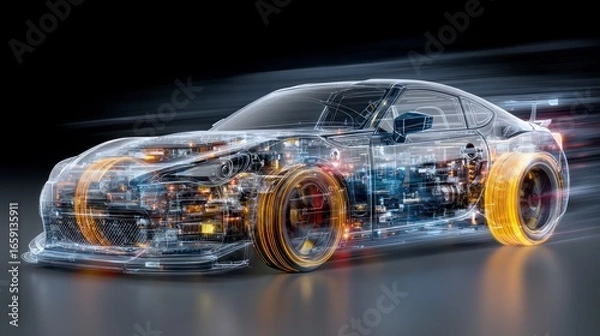 Fototapeta Transparent sports car schematic displaying glowing internal components and blurred motion
