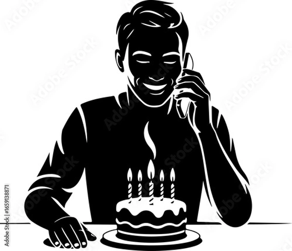 Fototapeta  a joyful person sitting at a table holding a phone to their ear 