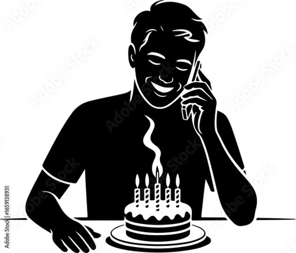 Fototapeta  a joyful person sitting at a table holding a phone to their ear 