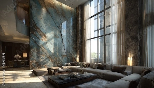 Obraz Luxurious living room with large blue marble feature wall and floor-to-ceiling windows