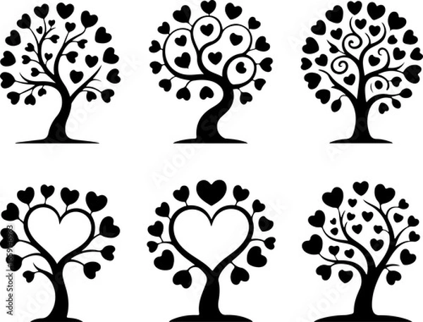 Fototapeta a set of six minimalist black silhouette tree illustrations on a pure white background
