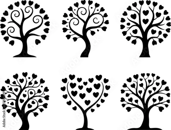 Fototapeta a set of six minimalist black silhouette tree illustrations on a pure white background
