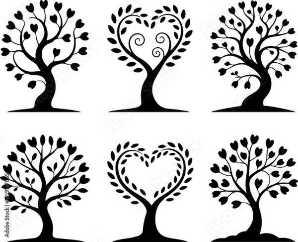 Fototapeta a set of six minimalist black silhouette tree illustrations on a pure white background