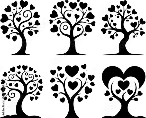 Fototapeta a set of six minimalist black silhouette tree illustrations on a pure white background
