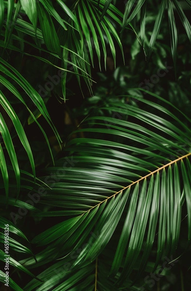 Fototapeta Folhas de palmeira tropicais em fundo verde exuberante